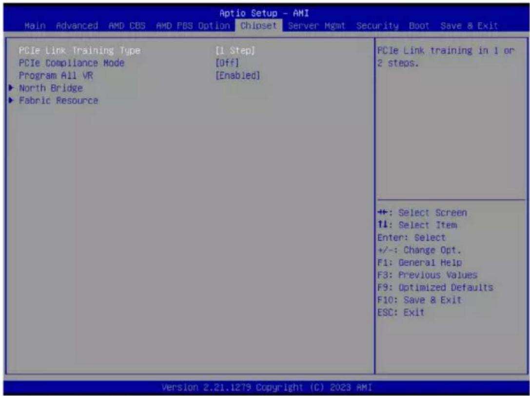Aptio Setup - AMI Main Advanced AMD CBS AMD PDS Option Chipset Server Mgmt Security Boot Save & Exit PCIe Link Training Type [1 Step] PCIe Compliance Mode [Off] Program All VR [Enabled] ► North Bridge ► Fabric Resource PCIe Link training in 1 or 2 steps. +: Select Screen ↑↓: Select Item Enter: Select +/-: Change Opt. F1: General Help F3: Previous Values F9: Optimized Defaults F10: Save & Exit ESC: Exit Version 2.21.1279 Copyright (C) 2023 AMI