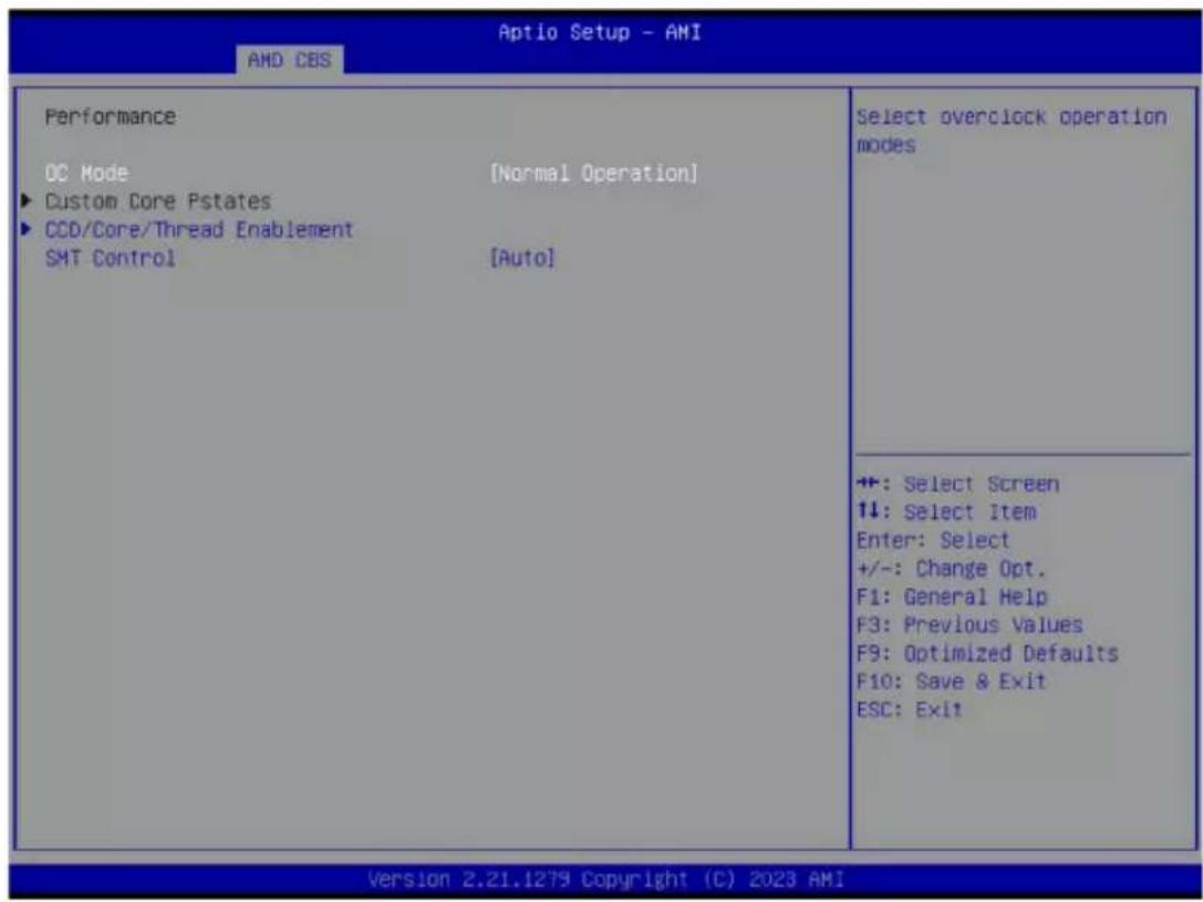 Aptio Setup - AMI AMD CBS Performance OC Mode [Normal Operation] ► Custom Core Pstates ► CCD/Core/Thread Enablement SMT Control [Auto] Select overclock operation modes +: Select Screen ↑↓: Select Item Enter: Select +/-: Change Opt. F1: General Help F3: Previous Values F9: Optimized Defaults F10: Save & Exit ESC: Exit Version 2.21.1279 Copyright (C) 2023 AMI