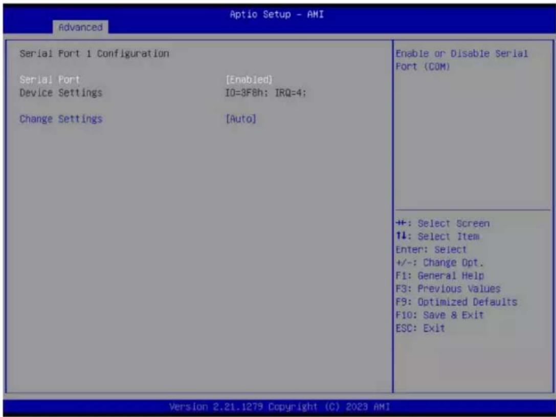 Advanced Serial Port 1 Configuration Serial Port [Enabled] Device Settings IO=3F8h; IRQ=4; Change Settings [Auto] Enable or Disable Serial Port (COM) +: Select Screen ↓: Select Item Enter: Select +/-: Change Opt. F1: General Help F3: Previous Values F9: Optimized Defaults F10: Save & Exit ESC: Exit Version 2.21.1279 Copyright (C) 2023 AMI