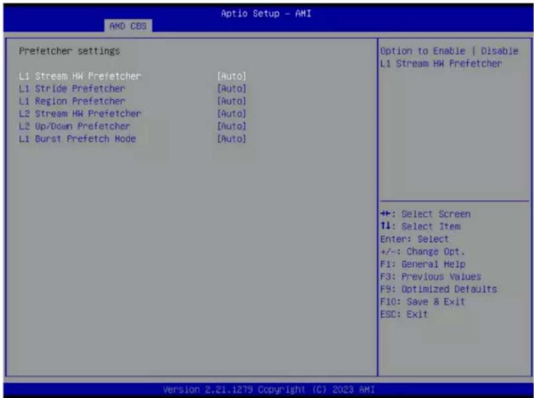 Aptio Setup - AMI AMD CBS Prefetcher settings L1 Stream HW Prefetcher [Auto] L1 Stride Prefetcher [Auto] L1 Region Prefetcher [Auto] L2 Stream HW Prefetcher [Auto] L2 Up/Down Prefetcher [Auto] L1 Burst Prefetch Mode [Auto] Option to Enable | Disable L1 Stream HW Prefetcher +: Select Screen ↓: Select Item Enter: Select +/-: Change Opt. F1: General Help F3: Previous Values F9: Optimized Defaults F10: Save & Exit ESC: Exit Version 2.21.1279 Copyright (C) 2023 AMI