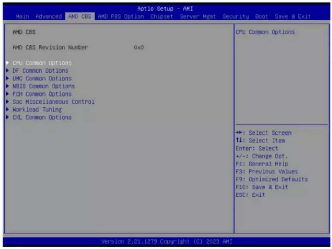 Aptio Setup - AMI Main Advanced AMD CBS AMD PBS Option Chipset Server Mgmt Security Boot Save & Exit AMD CBS AMD CBS Revision Number 0x0 ► CPU Common Options ► DF Common Options ► UMC Common Options ► NBIO Common Options ► FCH Common Options ► Soc Miscellaneous Control ► Workload Tuning ► CXL Common Options CPU Common Options +: Select Screen ↑↓: Select Item Enter: Select +/-: Change Opt. F1: General Help F3: Previous Values F9: Optimized Defaults F10: Save & Exit ESC: Exit Version 2.21.1279 Copyright (C) 2023 AMI