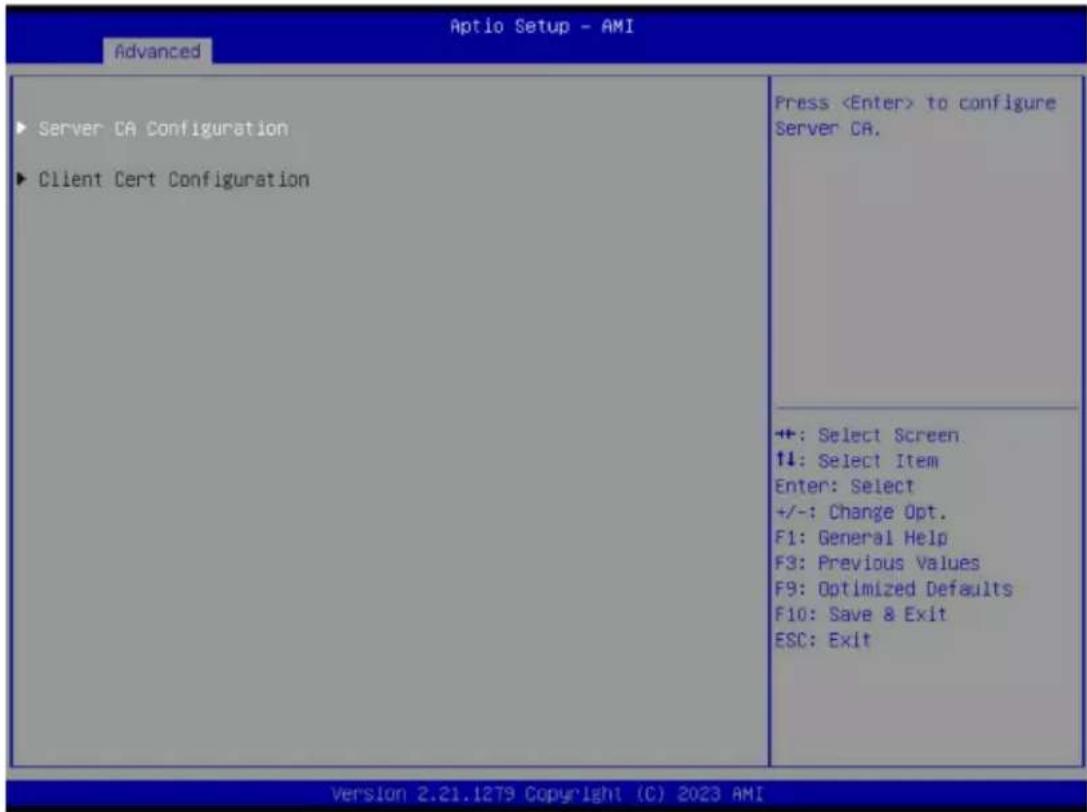 Aptio Setup - AMI Advanced ► Server CA Configuration ► Client Cert Configuration Press to configure Server CA. ++: Select Screen ↑↓: Select Item Enter: Select +/-: Change Opt. F1: General Help F3: Previous Values F9: Optimized Defaults F10: Save & Exit ESC: Exit Version 2.21.1279 Copyright (C) 2023 AMI