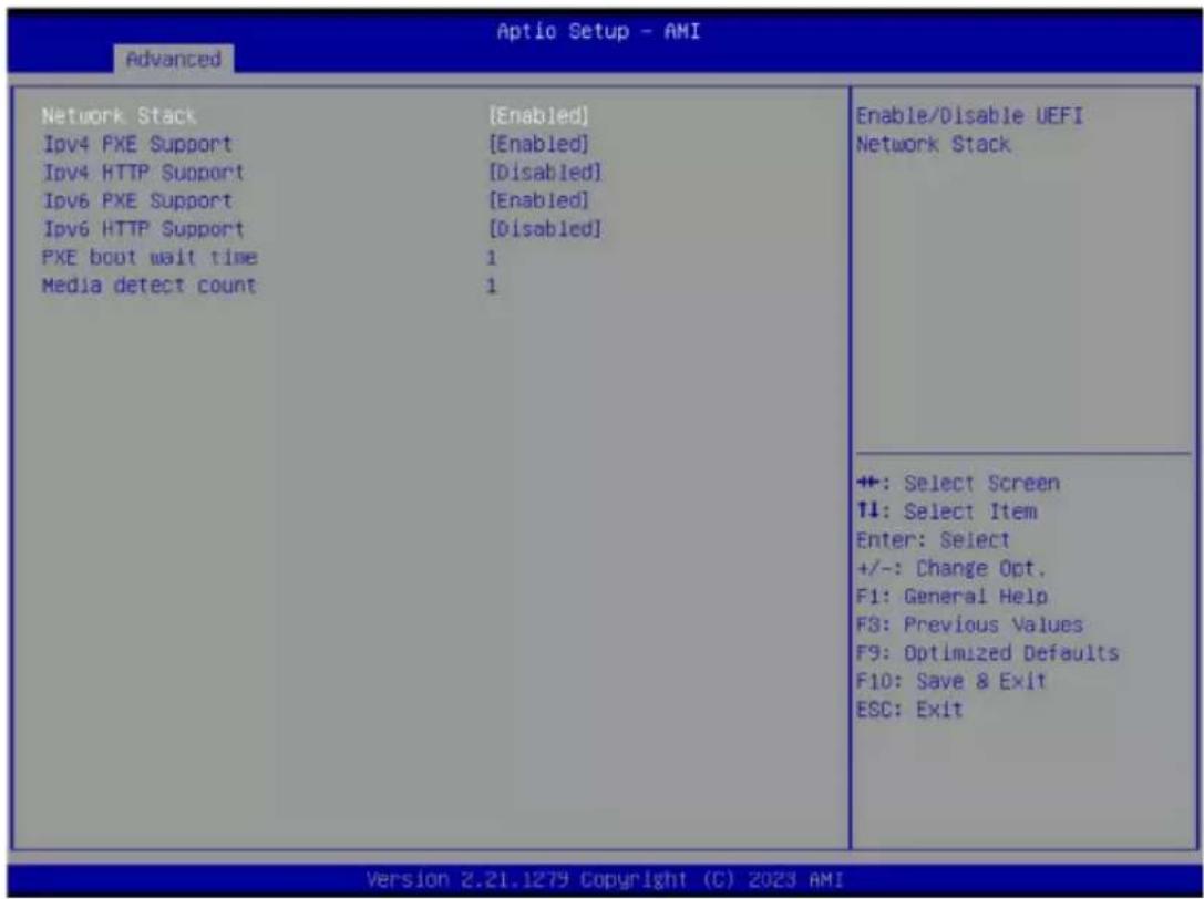 Advanced Network Stack [Enabled] IPv4 PXE Support [Enabled] IPv4 HTTP Support [Disabled] IPv6 PXE Support [Enabled] IPv6 HTTP Support [Disabled] PXE boot wait time 1 Media detect count 1 Enable/Disable UEFI Network Stack +: Select Screen ↑: Select Item Enter: Select +/-: Change Opt. F1: General Help F3: Previous Values F9: Optimized Defaults F10: Save & Exit ESC: Exit Version 2.21.1279 Copyright (C) 2023 AMI