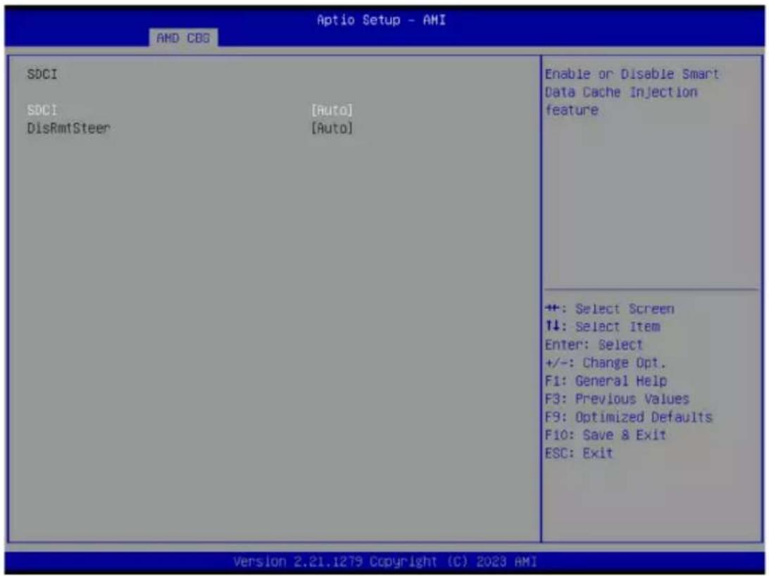 Aptio Setup - AMI AMD CBG SDCI SDCI [Auto] DisRmtSteer [Auto] Enable or Disable Smart Data Cache Injection feature +: Select Screen ↑↓: Select Item Enter: Select +/-: Change Opt. F1: General Help F3: Previous Values F9: Optimized Defaults F10: Save & Exit ESC: Exit Version 2.21.1279 Copyright (C) 2023 AMI