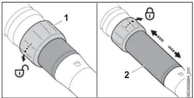 Technical diagram showing two views of a mechanical component with labeled parts and directional arrows indicating motion or assembly.