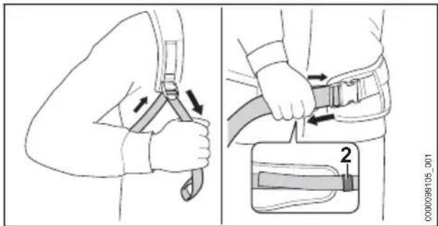 Technical diagram showing a person adjusting a belt buckle with labeled parts and directional arrows
