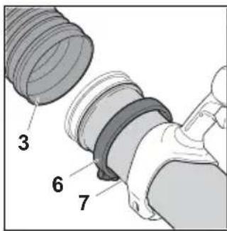 Technical diagram showing labeled parts of a mechanical component, including threaded tube and clamped ring assembly