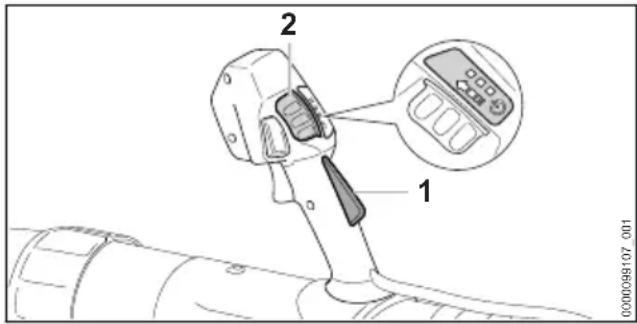 Technical diagram of a device with labeled parts and an inset showing a control panel interface