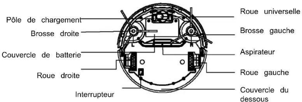 Pôle de chargement Brosse droite Couvercle de batterie Roue droite Interrupteur Roue universelle Brosse gauche Aspirateur Roue gauche Couvercle du dessous