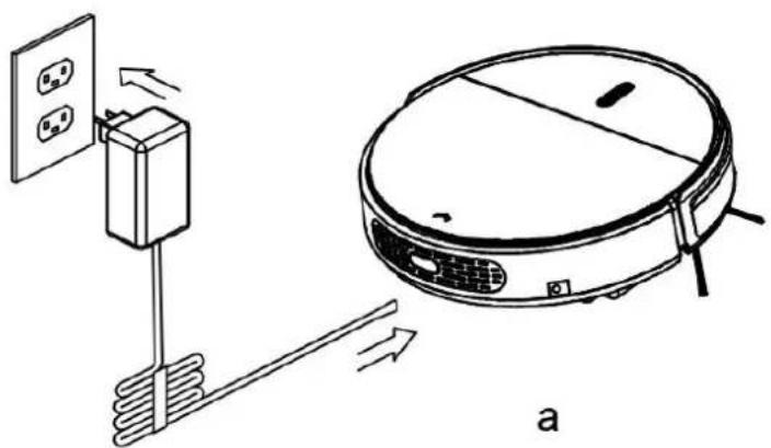 Diagram showing a robotic vacuum cleaner with labeled components and airflow direction