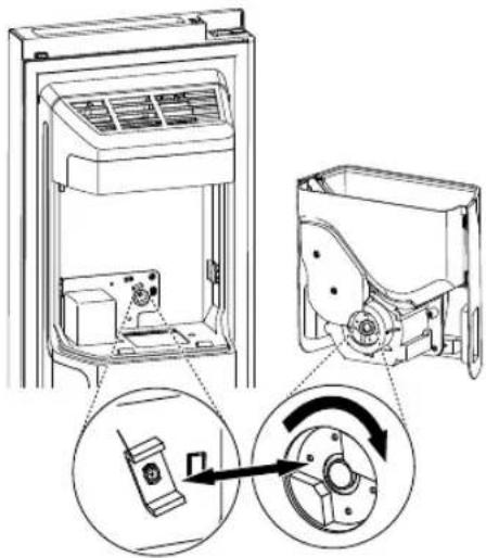 Technical diagram showing internal components of an air conditioner unit with a close-up view highlighting the mechanism.