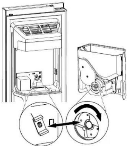 Technical diagram showing internal components of a refrigerator with labeled parts and directional arrows indicating rotation or adjustment.