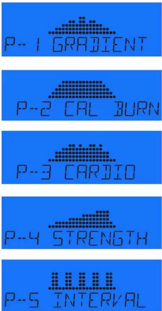 P-- 1 GRADIENT P--2 CAL BURN P--3 CARDIO P--4 STRENGTH P--5 INTERVAL