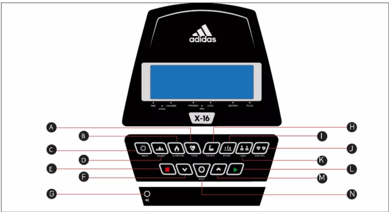 adidas TIME CALORIES PROGRAM LEVEL DISTANCE PULSE X-16 A B I H C D M J E F K L G O M N