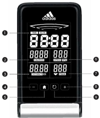 adidas TIME SCAN 8:8:8.8 8:00.00 8:00.00 CALORIES SPEED RPM 8:00.00 8:00.00 DISTANCE KM PULSE - ↑ ○ +