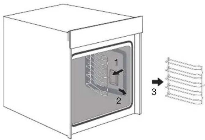 Technical diagram of a box with internal components and a schematic showing a grid structure with labeled parts 1, 2, and 3.