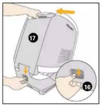 Diagram showing a computer device with labeled parts and an inset view of its internal component, marked with numbers 16 and 17.