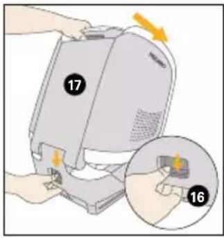 Diagram showing a computer monitor with labeled parts and an inset close-up of the device's handle, marked with numbers 16 and 17.