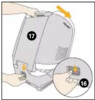 Diagram showing a computer device with labeled parts and an inset magnified view of the component being inserted.