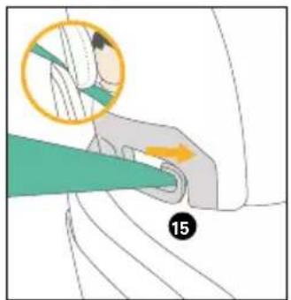 Diagram showing a hand holding a tool with a magnified inset highlighting a specific area, labeled with number 15.