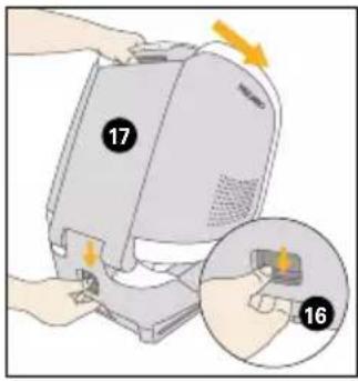 Diagram showing a computer monitor with labeled parts and an inset close-up of the device's internal structure, marked with numbers 16 and 17.