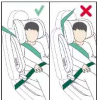 Diagram showing two scenarios of a person wearing a seatbelt, with green checkmark and red X mark indicating correct and incorrect states.