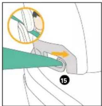 Diagram showing a hand holding a car seatbelt with a magnified inset highlighting the seatbelt area.