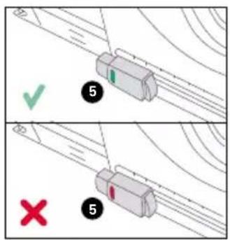 Diagram showing two scenarios of a mechanical component with check and cross indicators, labeled with numbers 5 and checkmark/unknown symbols.