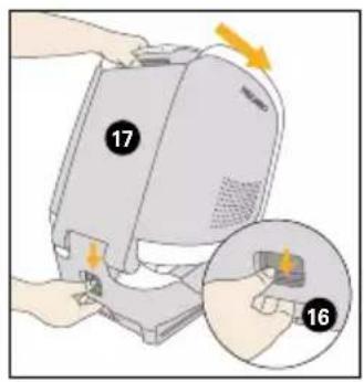 Diagram showing a computer device with numbered parts and an inset close-up of its component, labeled 16 and 17.