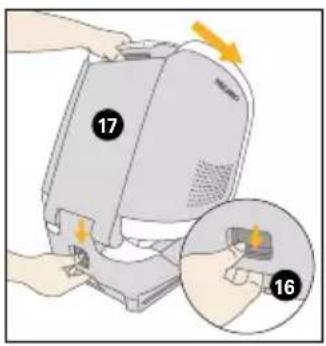 Diagram showing a computer monitor with labeled parts and an inset close-up of the device's handle, marked with numbers 16 and 17.