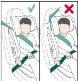Diagram showing car seatbelt usage with checkmark and cross symbols indicating correct and incorrect states