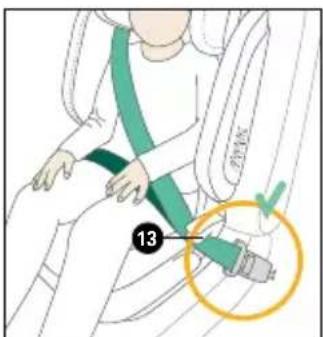 Diagram showing a person's seatbelt with a numbered label (13) and a magnified inset highlighting the seatbelt location.