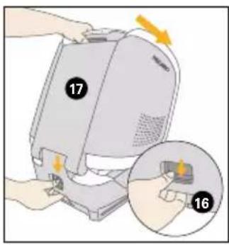 Diagram showing a computer device with labeled parts and an inset magnified view of the component being inserted.