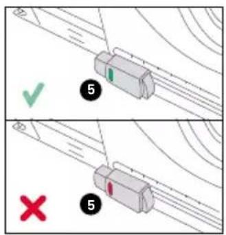 Diagram showing two scenarios of a mechanical component with check and cross indicators, labeled with numbers 5 and checkmark/unknown symbols.