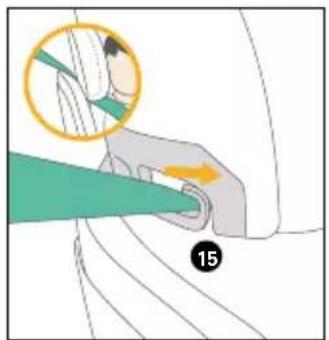 Diagram showing a hand holding a device with a magnified inset highlighting a specific area, labeled with number 15.