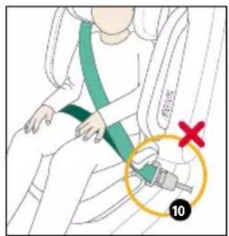Diagram showing a person's seatbelt with a green belt and a red X mark highlighting the seatbelt location.