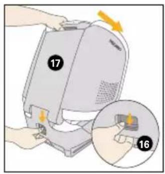 Diagram showing a computer device with numbered parts and an inset magnified view of the component being inserted.