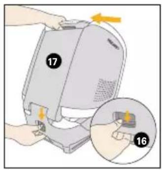 Diagram showing a device with numbered parts and an inset view of a component being inserted, labeled 16 and 17.