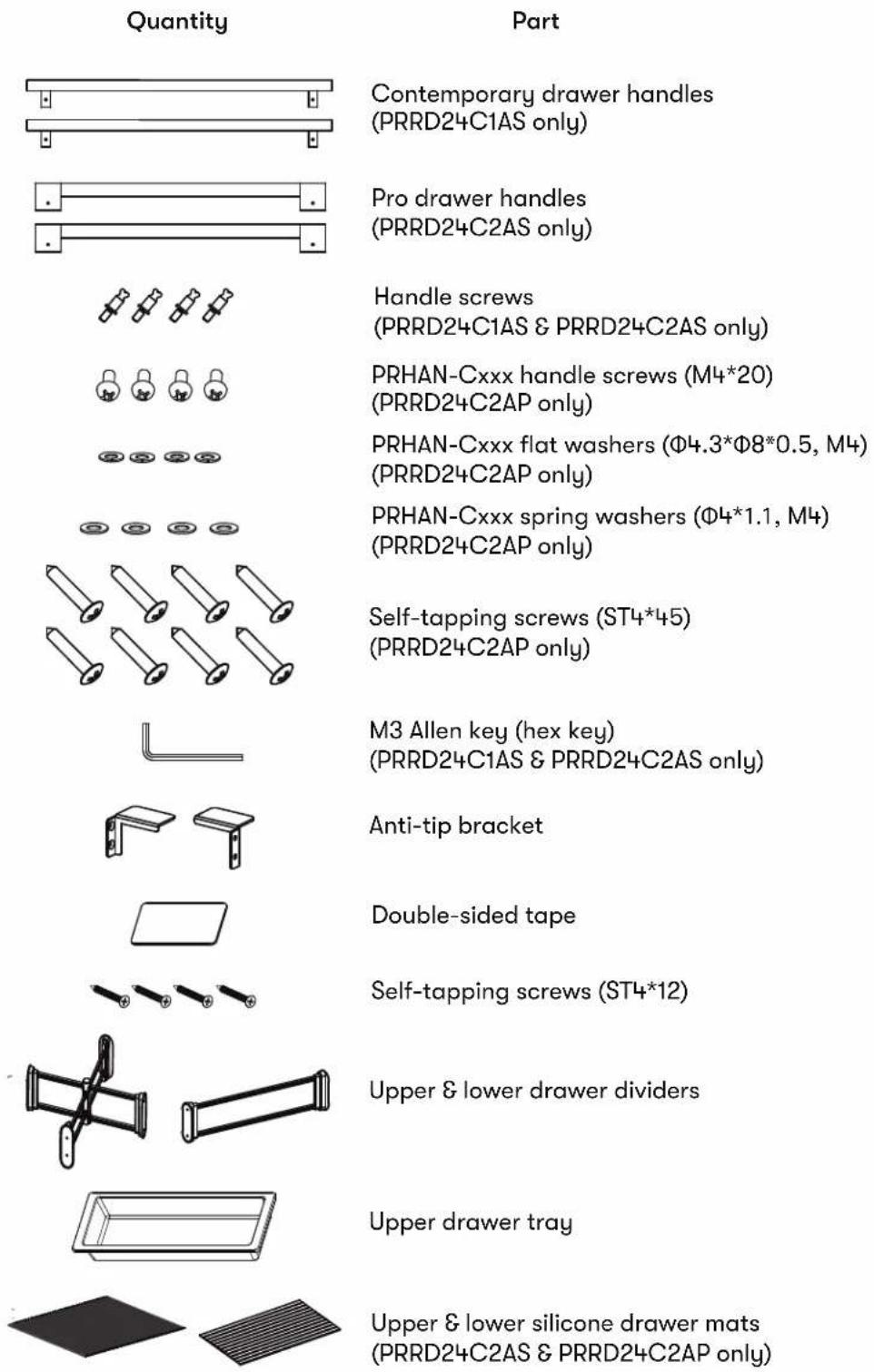 Quantity Part Contemporary drawer handles (PRRD24C1AS only) Pro drawer handles (PRRD24C2AS only) Handle screws (PRRD24C1AS & PRRD24C2AS only) PRHAN-Cxxx handle screws (M4*20) (PRRD24C2AP only) PRHAN-Cxxx flat washers (Φ4.3*Φ8*0.5, M4) (PRRD24C2AP only) PRHAN-Cxxx spring washers (Φ4*1.1, M4) (PRRD24C2AP only) Self-tapping screws (ST4*45) (PRRD24C2AP only) M3 Allen key (hex key) (PRRD24C1AS & PRRD24C2AS only) Anti-tip bracket Double-sided tape Self-tapping screws (ST4*12) Upper & lower drawer dividers Upper drawer tray Upper & lower silicone drawer mats (PRRD24C2AS & PRRD24C2AP only)