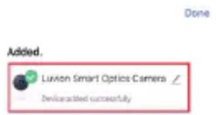Added. Luvian Smart Optics Camera Device added successfully