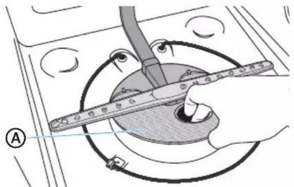 Diagram showing a hand using a tool to measure a circular component, labeled with circled area A and numbered marker.