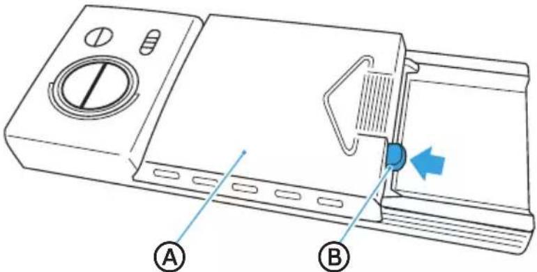 Technical diagram of a device with labeled parts A and B, showing internal components and directional arrow
