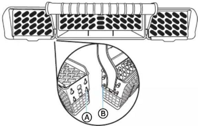 Technical diagram showing a mechanical assembly with labeled components A and B, including internal structure and component layout.