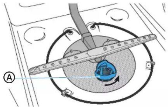 Diagram illustrating a mechanical device with labeled parts and directional arrows, including a blue component inside a circular housing.