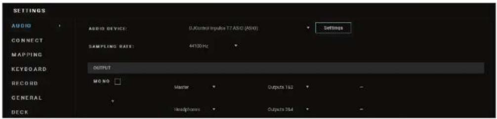 SETTINGS AUDIO CONNECT MAPPING KEYBOARD RECORD GENERAL DECK AUDIO DEVICE: GPIO Control Impulse T7 ASO (ASO) Sampling rate: 44100 Hz OUTPUT MONO Master Outputs 162 Headphones Outputs 364 Settings
