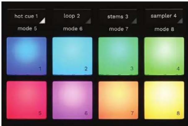 hot cue 1 mode 5 loop 2 mode 6 stems 3 mode 7 sampler 4 mode 8 1 2 3 4 5 6 7 8