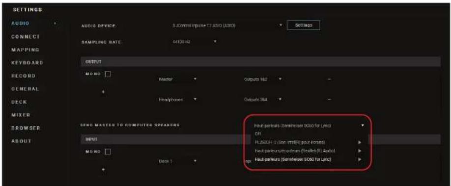 SETTINGS AUDIO CONNECT MAPPING KEYBOARD OUTPUT RECORD GENERAL DECK MIXER BROWSER ABOUT AUDIO DEVICE 0. Control impulse TT ASIO (ASIO) SAMPLING RATE: 44500 Hz SEND MASTER TO COMPUTER SPEAKERS MPSI M O N G Date 1 Host packages (Sentinser 3000 for Lycic) OR PL350CH-2 (non intill(R) pour content) Host-partners/ulceradams (Seefles(R) Active) Host-partners (Sentinser 3000 for Lycic)