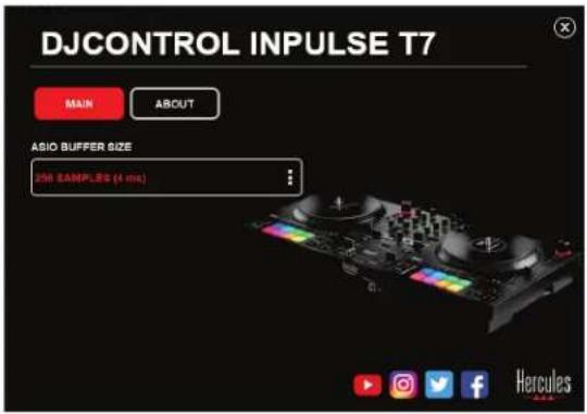 DJCONTROL INPUTSE T7 MAIN ABOUT ASIO BUFFER SIZE 256 SAMPLES (4 ms) Hercules