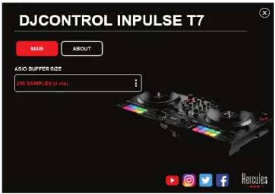 DJCONTROL INPUTSE T7 MAIN ABOUT ASIO BUFFER SIZE 256 SAMPLES (4 mix) Hercules