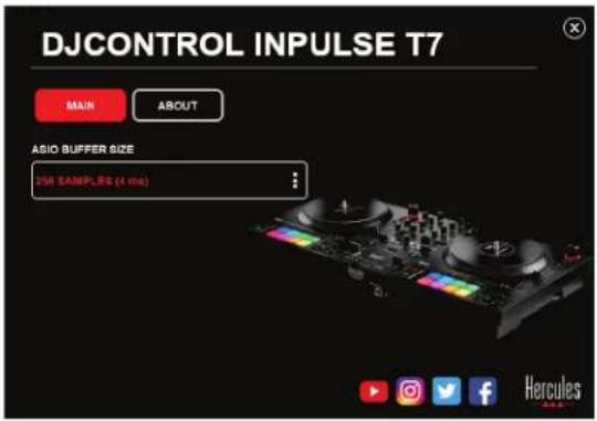 DJCONTROL INPUTSE T7 MAIN ABOUT ASIO BUFFER SIZE 256 SAMPLES (4 ms) Hercules